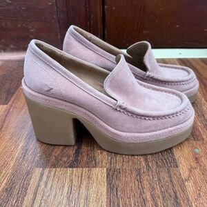 Pink suede heel loafers